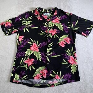 Two Palms Hawaiian Shirt Mens Medium Black Floral Camp Aloha Made Hawaii‎ Rayon